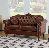 AVZEAR 60" Loveseat Sofa, Chesterfield Sofa, Mid-Century Modern PU Upholstered 2 Seater Sofa, Deep Button Tufted Living Room Sofa with Two Throw Pillows, Brown AVZEAR