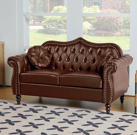 AVZEAR 60" Loveseat Sofa, Chesterfield Sofa, Mid-Century Modern PU Upholstered 2 Seater Sofa, Deep Button Tufted Living Room Sofa with Two Throw Pillows, Brown AVZEAR
