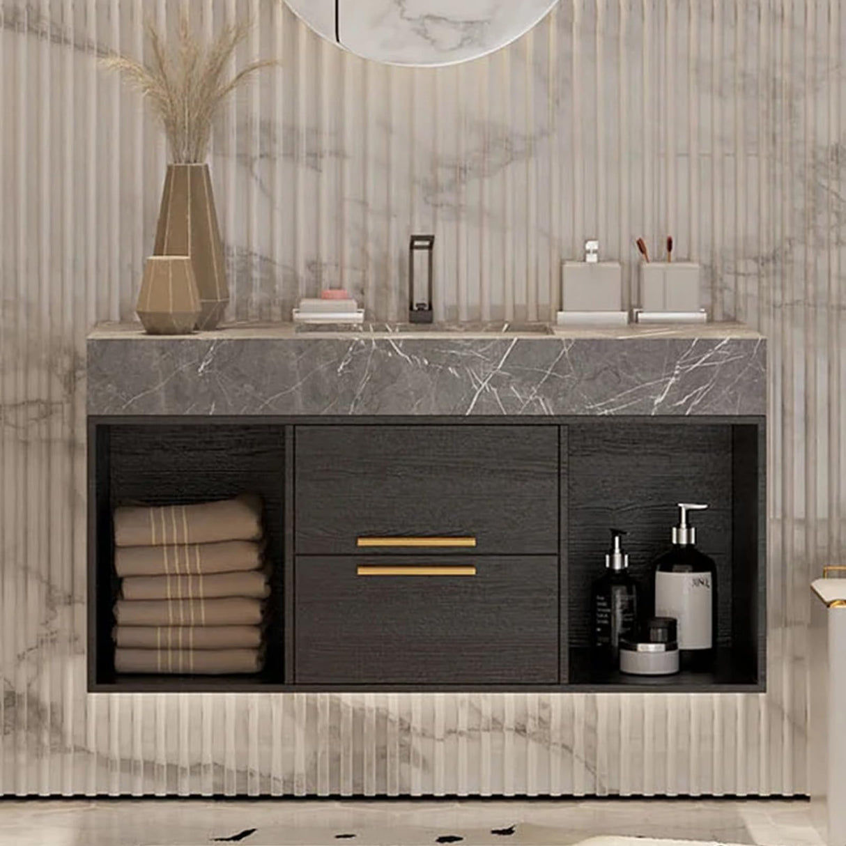 Weibath 35'' Floating Bathroom Vanity with Sintered Stone Sink 2 Drawers (Black, 35.4" W x 18.9" D x 21.64" H) Weibath