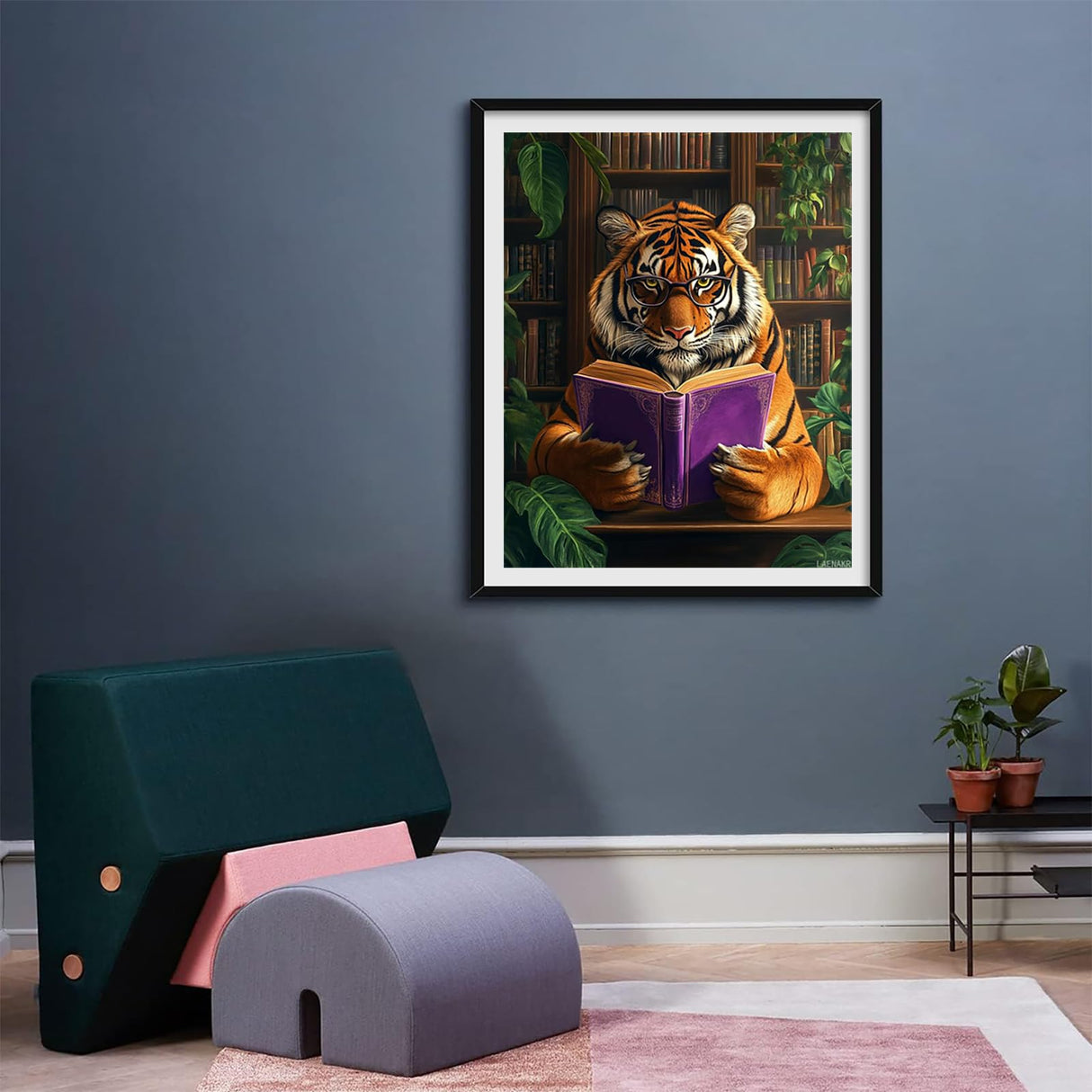 Reading Animals DIY Paint by Number for Adults Beginner Fierce Tiger in the Library Painting by Numbers Paint Kits Canvas Gifts Arts Crafts for Home Wall Farmhouse Rustic Decor16x20Inch No Frame LAENAKR