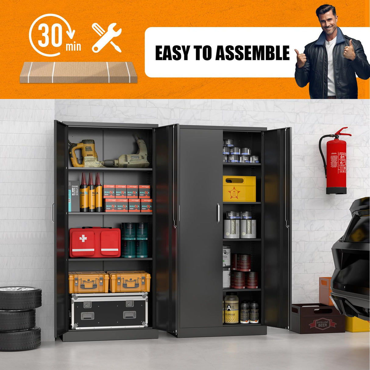 UNICOLY Black Metal Storage Cabinet with Lock, Storage Cabinet with Doors and Shelves, Garage Storage Cabinet with Lock for Office, Home,Garage, Gym,School 71”H×32”W×16”D UNICOLY