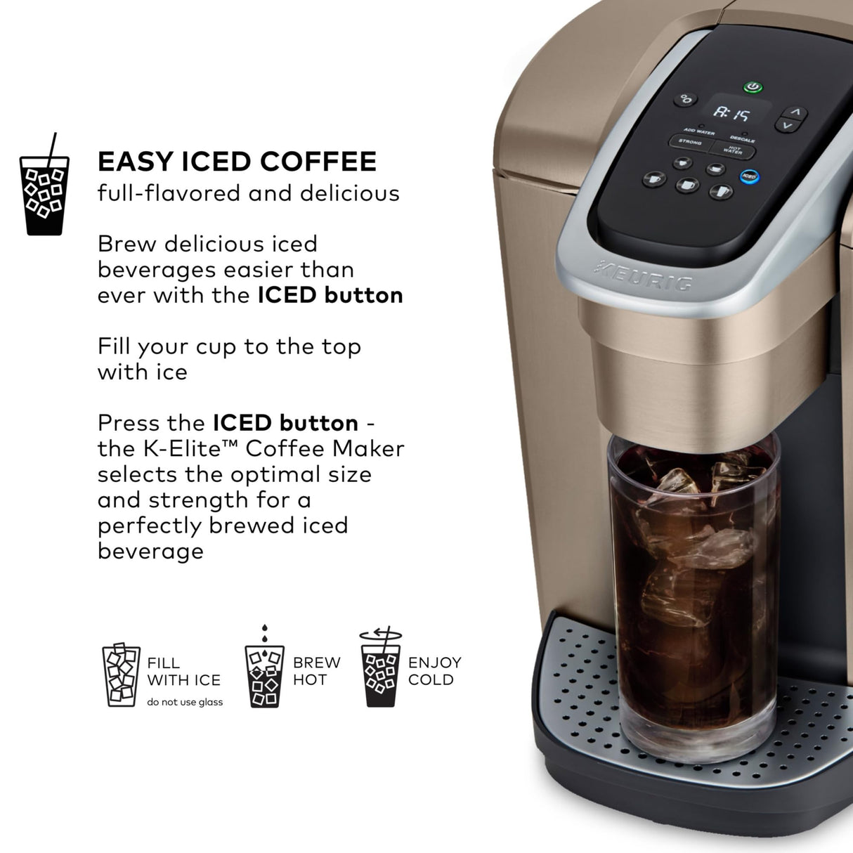 Keurig K-Elite Single Serve K-Cup Pod Coffee Maker, with Strength and Temperature Control, Iced Coffee Capability, 8 to 12oz Brew Size, Programmable, Brushed Gold Keurig