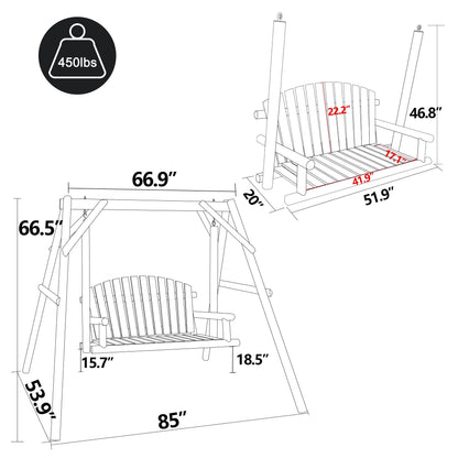 Yardenaler Wooden Porch Swing with Stand, 2-Person A-Frame Outdoor Wood Log Chair Bench with Carved Back for Deck, Garden, Yard, Patio, Rustic - WoodArtSupply