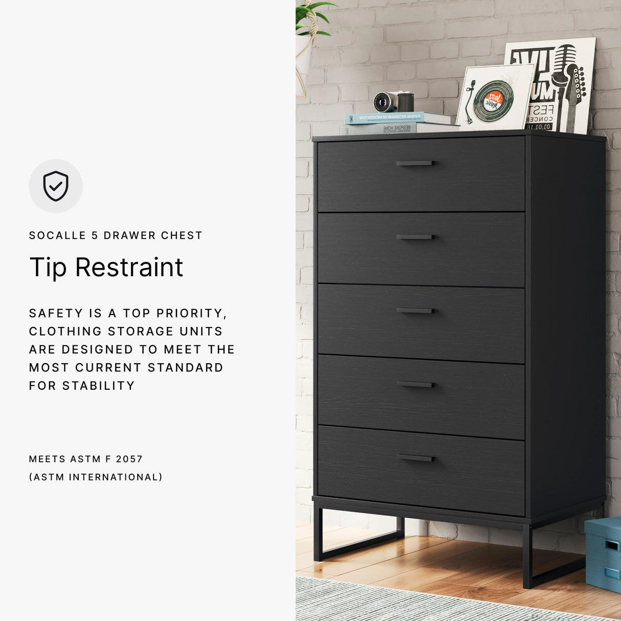 Signature Design by Ashley Socalle Casual Contemporary Chest of Drawers with Dark Pewter Hardware and Metal Legs, 5 Drawers, Wood, 50.67" High, Matte Black Signature Design by Ashley