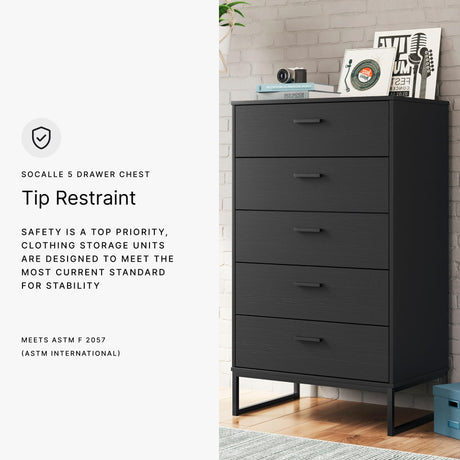 Signature Design by Ashley Socalle Casual Contemporary Chest of Drawers with Dark Pewter Hardware and Metal Legs, 5 Drawers, Wood, 50.67" High, Matte Black Signature Design by Ashley