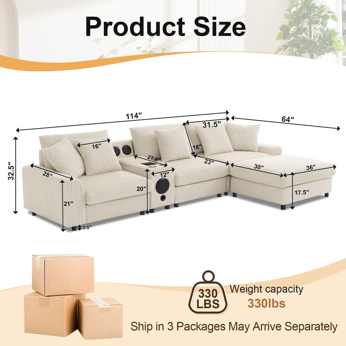 MAKIAAP 114" Corduroy Sectional Modular Couch with Bluetooth Speakers, L Shaped Couches Comfy Deep Sofa with Console, USB Charger, Cup Holders, Storage, Ottoman for Living Room (Beige, 114in) MAKIAAP