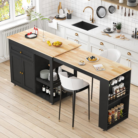 JassmiPkwy 77.8'' Rolling Kitchen Island with Extendable Dining Table for 2-4, 2 in 1 Kitchen Islands Cart on Wheels, Storage Cabinet with Drawer, 2-Tier Storage Shelf, Black JassmiPkwy