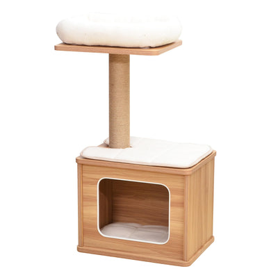 Catry 29.7" Tall 3 Level Laminated Wood Cat Tree with Large Base Condo, 2 Paded Steps, Natural Jute Scratching Post, Sturdy and Easy to Assemble for Small Cat, Brown