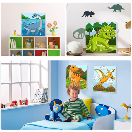 4Pack Dinosaur Paint by Number for Kids with Wooden Frame,4 Dinosaurs Canvas Paints by Number Canvas, Dinosaur Gifts for Kids Easy Paint with Numbers DIY Acrylic Oil Painting Kits for Home Wall Decor Ertyjikg