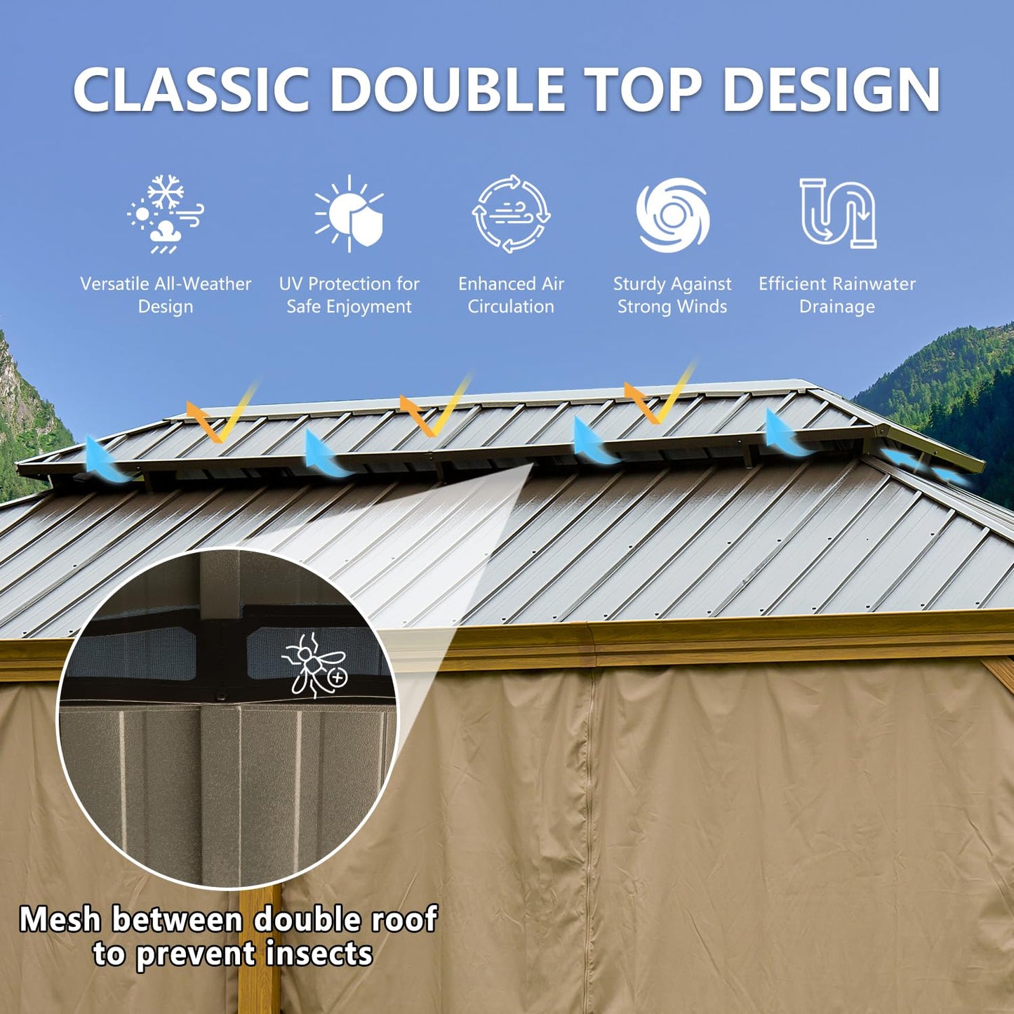 12’ x 20’ Hardtop Gazebo Outdoor Aluminum Wood Grain Gazebos with Galvanized Steel Double Canopy for Patios Deck Backyard,Curtains&Netting by domi outdoor living - WoodArtSupply