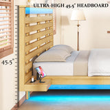 LUXOAK Maple Yellow Farmhouse Full Floating Bed Frame with LED Lighting & Charging Station LUXOAK