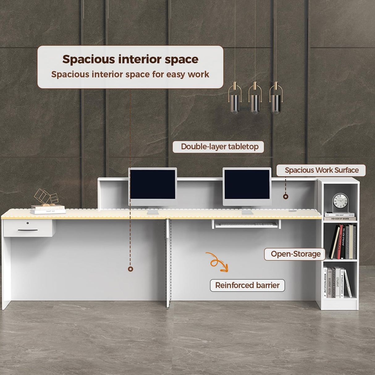 Huariifowm Modern L Shape Reception Desk with Counter, LED Light, Lockable Drawer, Keyboard Tray, for Salon, Office, or Lobby Receptionist Desk(Maple+White/Right, 71" L*24" W*39" H) Huariifowm