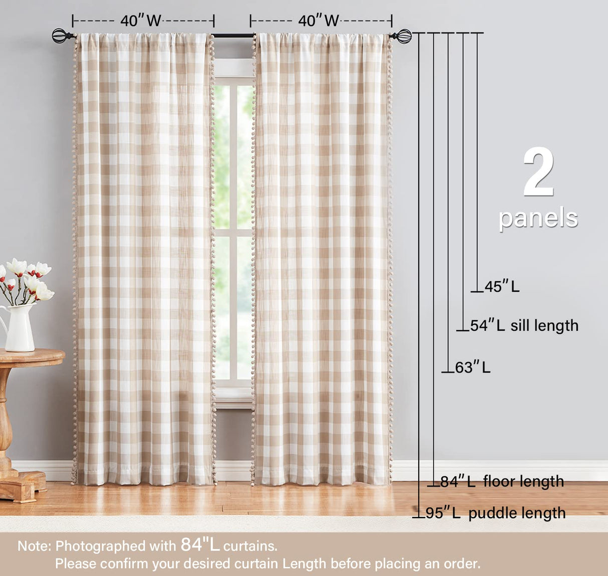 Treatmentex Pompom Buffalo Plaid Curtains 45" Kitchen Curtains Rustic Farmhouse Tan and White Check Curtain Panels for Small Windows Basement Bathroom Rod Pocket 2pcs Treatmentex