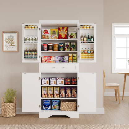 72" Tall Kitchen Pantry Storage Cabinet with Barn Doors Shelves & Drawer, Wood Farmhouse Pantry Cabinet with 4 Adjustable Shelves, Freestanding Cupboard for Dining Room Living Room, Laundry- White