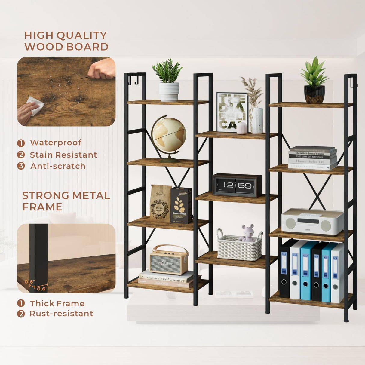 DSNAPE Triple 4 Tier Bookshelf with 11 Open Book Shelves,Home Office Bookcase Shelf Heavy Duty Storage Organizer,55" H Industrial Display Shelves for Living Room,Kitchen Room,Flower Room,Rustic Brown DSNAPE