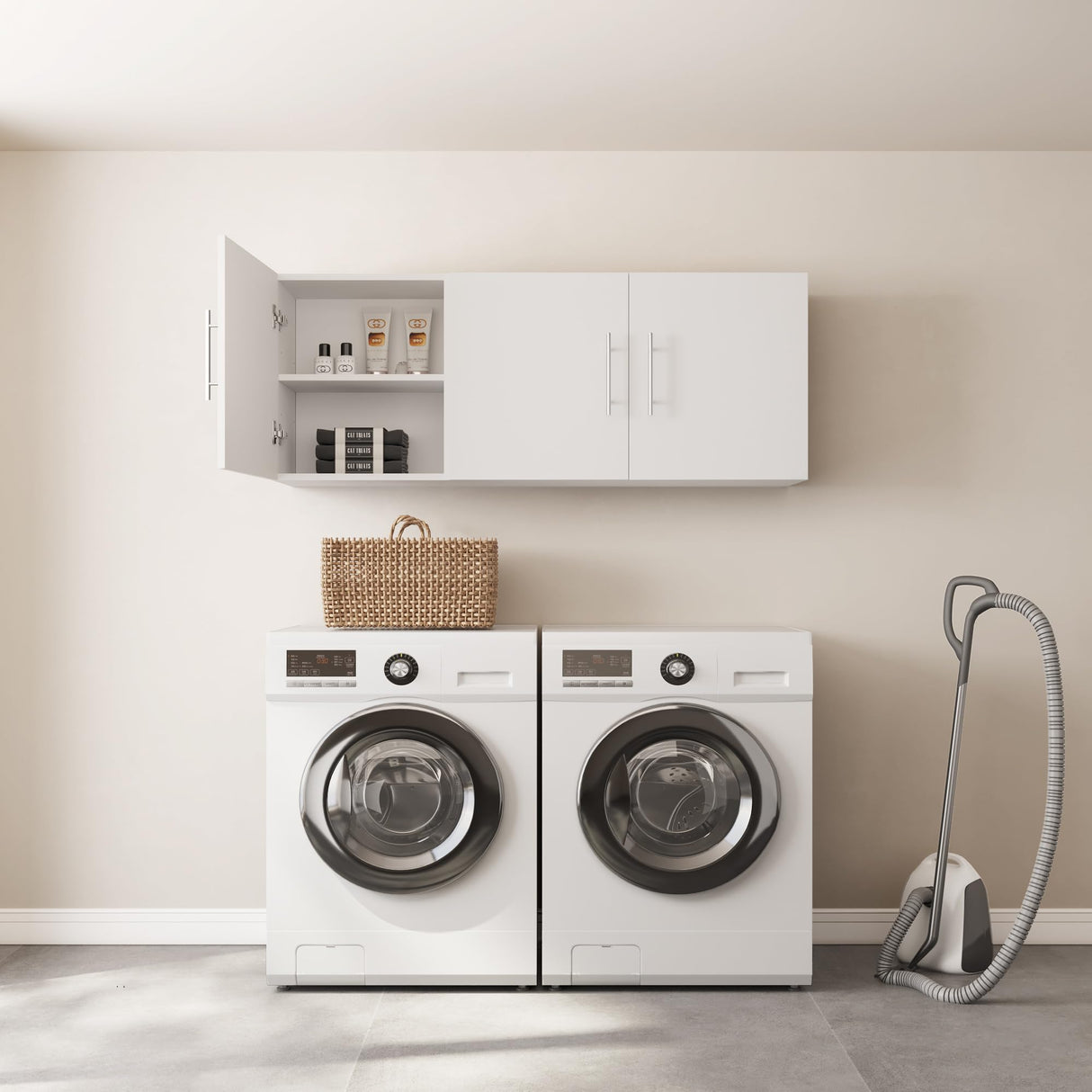 JPND Laundry Wall Cabinet, 54"W x 12"D x 20"H Wooden Wall Mounted Storage Cabinet, 3 Door Cabinet with Soft Close and Metal Handle and Adjustable Shelf, for Kitchen, Garage, Laundry, Bathroom, White JPND