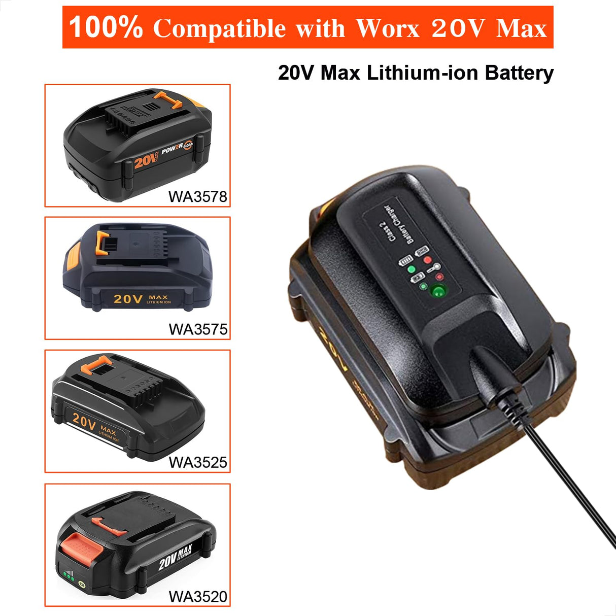 UNGINO WA3742 Replace worx 20v lithium Battery Charger WA3742 WA3732 to Charge Worx 20V MAX Lithium Battery WA3520 WA3525 WA3512 WA3512.1 WA3522 WA3544 WA3575 WA3578… UNGINO
