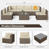 SUNVIVI OUTDOOR 7 Piece Patio Furniture Sets All Weather Gery PE Wicker Couch Sofa with Glass Table, Removable Beige Cushions, Brown Rattan SUNVIVI OUTDOOR