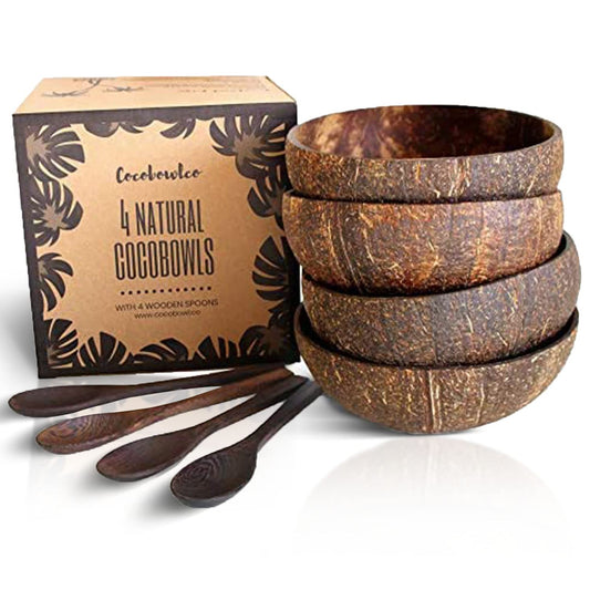 COCOBOWLCO Coconut Bowl & Wooden Spoons Bowl Set - Birthday Gifts for Women - Coconut Bowls for Eco Friendly Kitchen Decor, Acai Bowls & Smoothie Bowls (4, Natural)