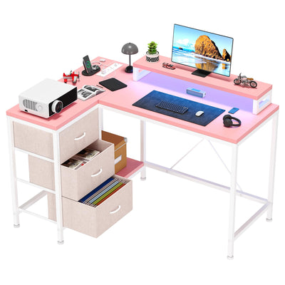 Patikuin L Shaped Desk with Power Outlets & LED Lights, Computer Desk with Drawers & Shelves, Corner Desk Gaming Desk Home Office Desk,Pink