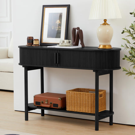 RARZOE Fluted Console Table, Modern Entryway Table with Tambour Sliding Door, 2-Tier Sofa Table with Storage, Side Table Behind Couch in Living Room Hallway Foyer, Black RARZOE