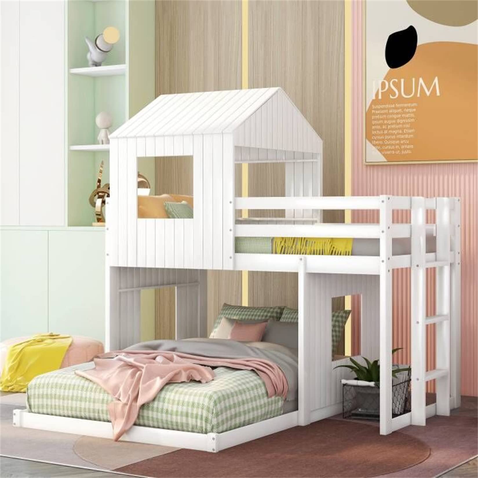 House Bunk Bed Twin Over Full with Playhouse Design for Kids - White Wood Frame by Harper & Bright Designs - WoodArtSupply