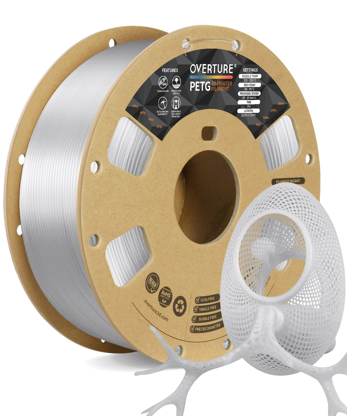 OVERTURE Transparent Filament Clear PETG Filament 1.75mm, PETG Transparent 3D Printer Consumables, 1kg Filament (2.2lbs), Dimensional Accuracy Probability +/- 0.02 mm,Transparent OVERTURE