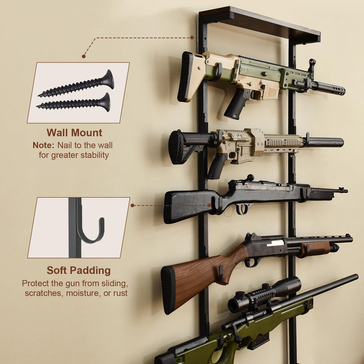 Poyilooo Gun Rack, Floor Rifle Rack Holds up 5 Guns, Indoor Gun Rack for Wall Gun Display Stand Gun Gun Storage Organizer Rifle Holder Hunting Gun Shelf (Large-19.7 L*12.6 W*71 H in) Poyilooo