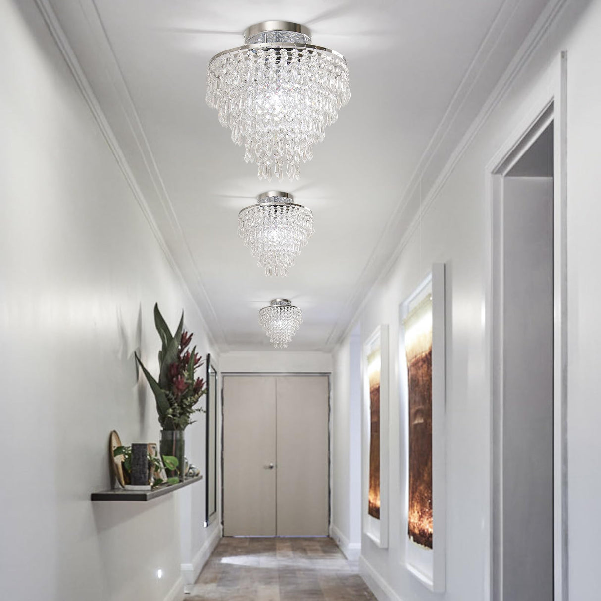 FRIXCHUR 11.8" Crystal Chandelier Chrome Flush Mount Ceiling Light 5 Tiers Raindrops Silver Chandeliers for Bedroom Hallway Living Room,E26 Base FRIXCHUR