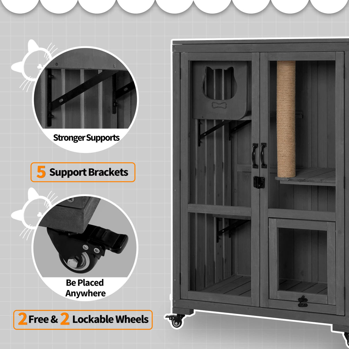 MCombo Luxury Cat House with Scratching Post, Wooden Large Cat Villa with Wheels, Multi-Feature Cat Condo with Escape Door, Cat Cages Enclosures with Shelter Indoor/Outdoor 6012-CT83 (Grey) mcombo