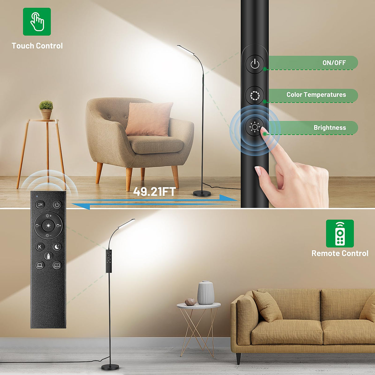 Yikuneng Dimmable LED Floor Lamp, Super Bright Reading Lamps Floor Standing lamp with Remote & Touch Control, Stepless Dimming & 2700K-6500K Color Temperature, for Living Room Bedroom Office, Black Yikuneng