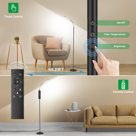 Yikuneng Dimmable LED Floor Lamp, Super Bright Reading Lamps Floor Standing lamp with Remote & Touch Control, Stepless Dimming & 2700K-6500K Color Temperature, for Living Room Bedroom Office, Black Yikuneng