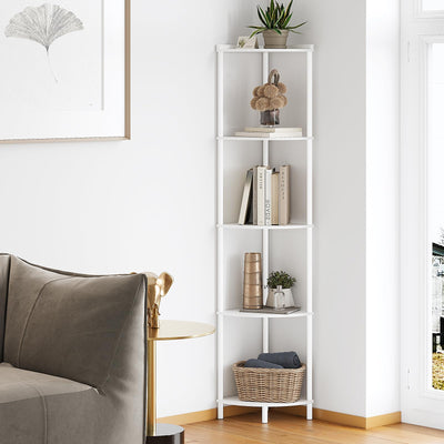 SUNMORY 5 Tier Corner Shelf Stand, Industrial 65" Corner Shelves Display Shelf for Living Room Decor, Wall Corner Bookshelf Multi Unit Organizer, Tall Shelf Plant Stand for Bedroom, Bathroom, White