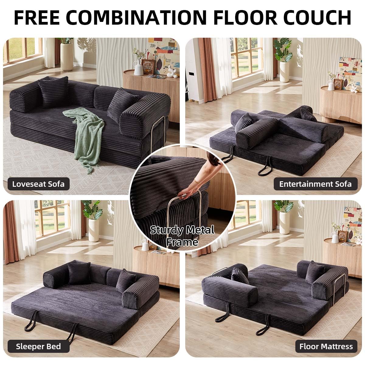 81 Inch Convertible Folding Sofa Bed,Fold Out Floor Sofa Couch with Fixed-Shape Frame,Corduroy Foldable Mattress Cloud Couch for Living Room Bedroom (Dark Grey) TIAOLOURIA