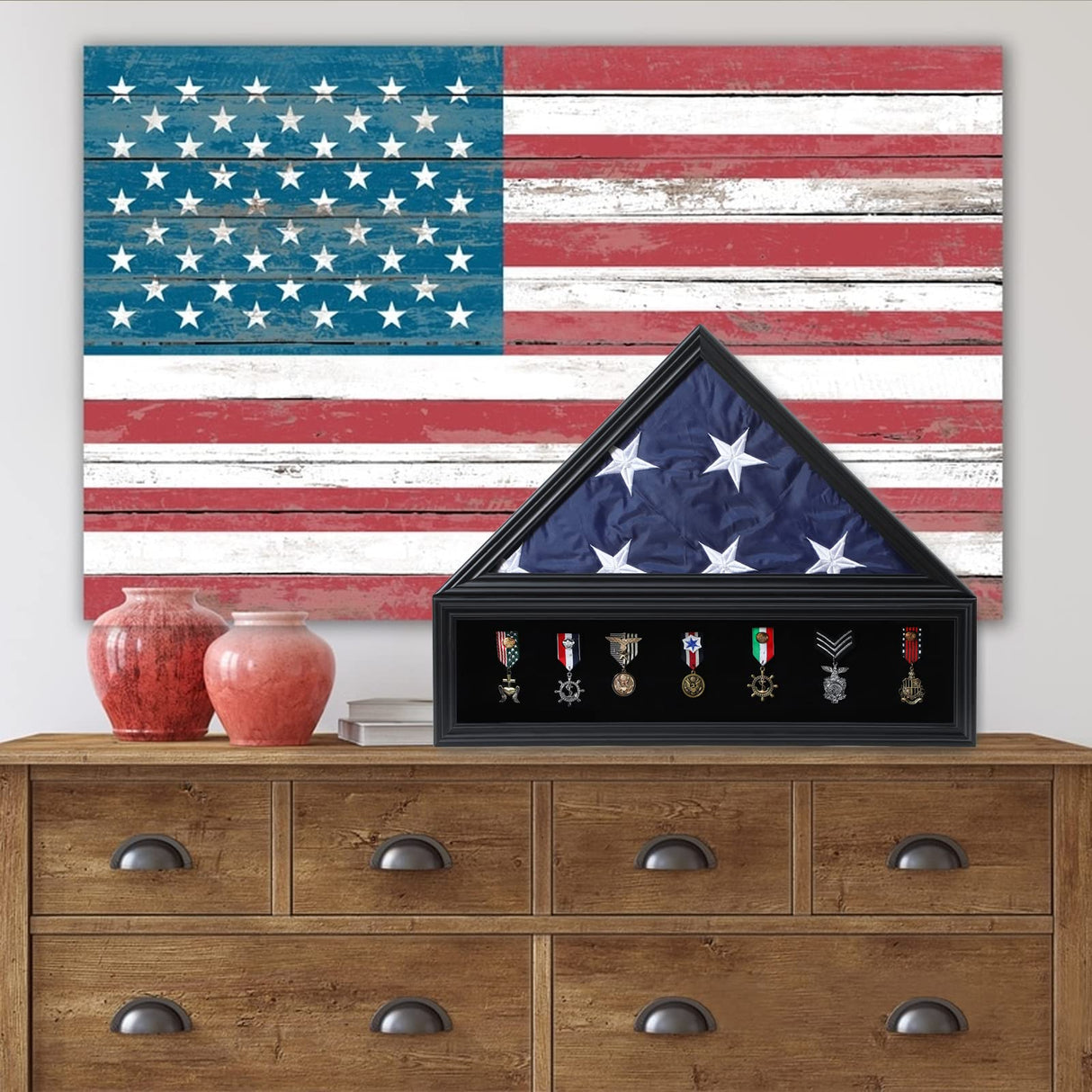 Zmiky Veteran Burial Flag Display Case American Flag Solid Wood Display Case Fits a 5 X 9.5 Flag Folded Military Shadow Box with Felt Lining Holder Zmiky