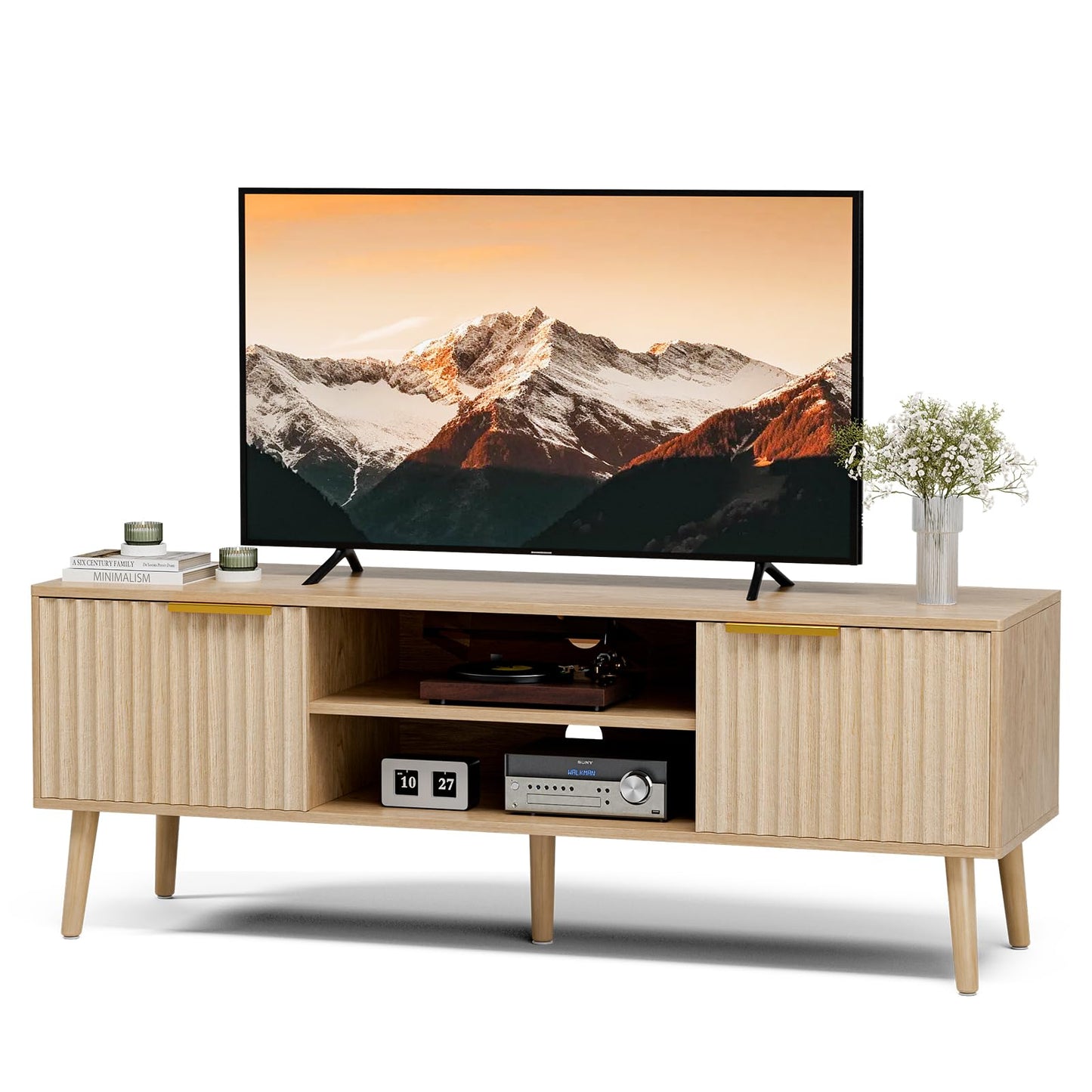 TV Stand for Living Room, Modern Entertainment Center for 55/60/65 inch TVs, Media Consol with Fluted Door Cabinets and Open Shelves, for Bedroom, Oak