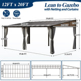 COVERONICS 12' X 20' Outdoor Polycarbonate Lean to Gazebo - Wall-Mounted Aluminum Frame Gazebo with Slope Hardtop, Patio Heavy-Duty Lean to Pergola with Netting & Curtains for Garden, Backyard, Deck COVERONICS