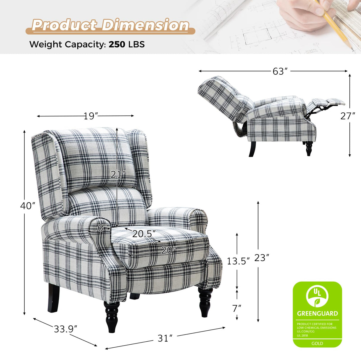 HULALA HOME Upholstered Wingback Recliner Chair, Small Adjustable Footrest Push Back Single Reclining Sofa, Mid Century Modern Lounge Armchair for Living Room, Bedroom, Reading/Plaid Black HULALA HOME