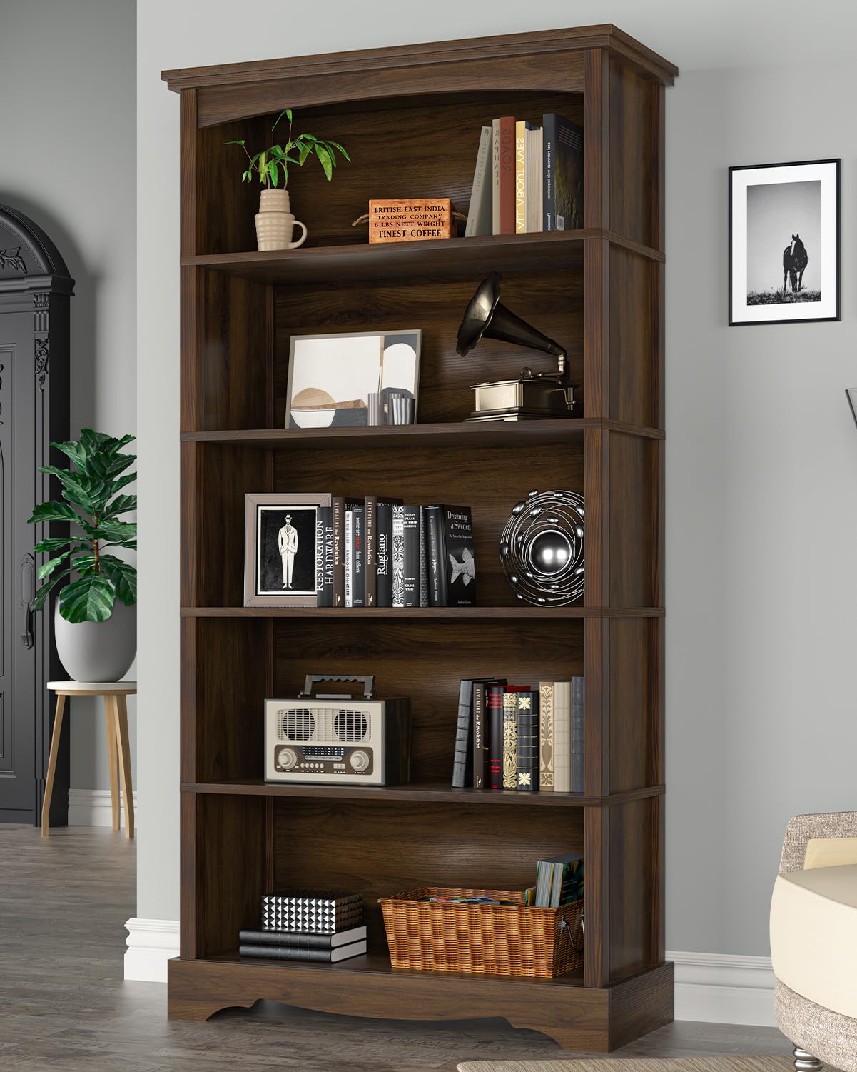 TVU 5-Tier Wooden Bookshelf, 65 Inch Tall Bookshelf with Storage, Floor Standing Modern Style Display Bookcase for Living Room, Office, Study Room, Entryway, Brown TVU