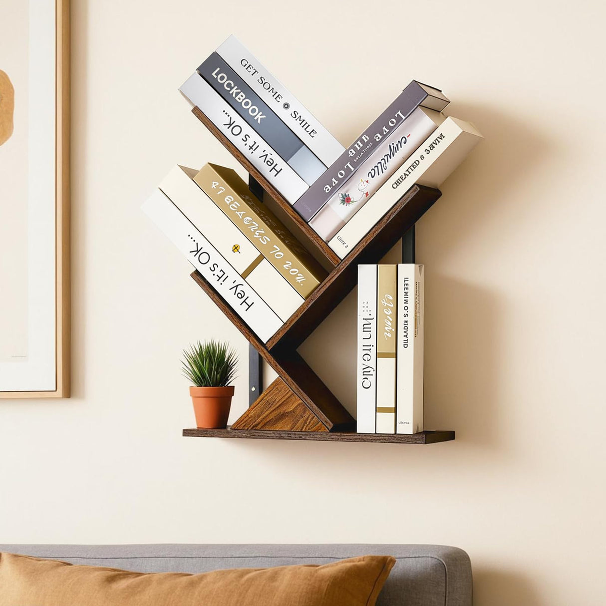 Tree Bookshelf 3 Tier Book shelves for Wall, Unique Hanging Bookshelf Wall Mounted Desk Bookshelves Organizer for Magazine/Books, Small Tree Bookshelf for Bedroom, Living Room Office, Rustic Brown BESHIGH