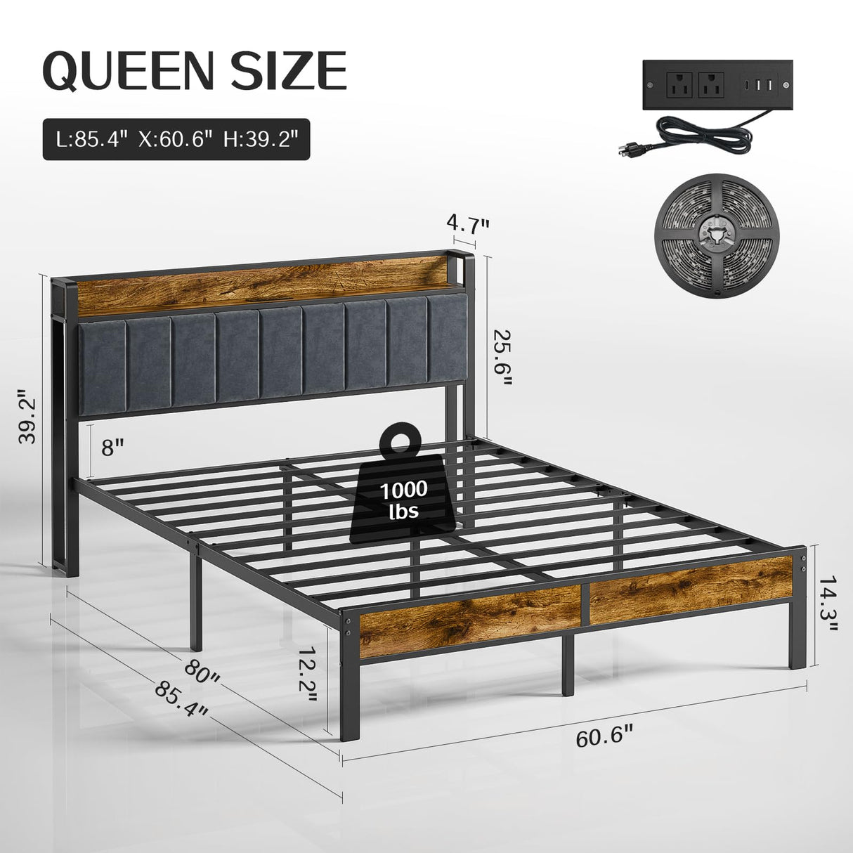 Queen Bed Frame with Headboard, Metal Platform Bed with Smart LED Lights and USB Charging Station, Easy Assembly, No Box Spring Needed Liians