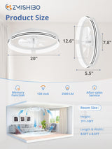 ZMISHIBO Low Profile Ceiling Fans with Lights and Remote, 20 Inch Flush Mount Ceiling Fan with Light, 3000K-6000K Dimmable Fandelier LED Fan Light, 6 Wind Speeds White Ceiling Fans for Bedroom ZMISHIBO