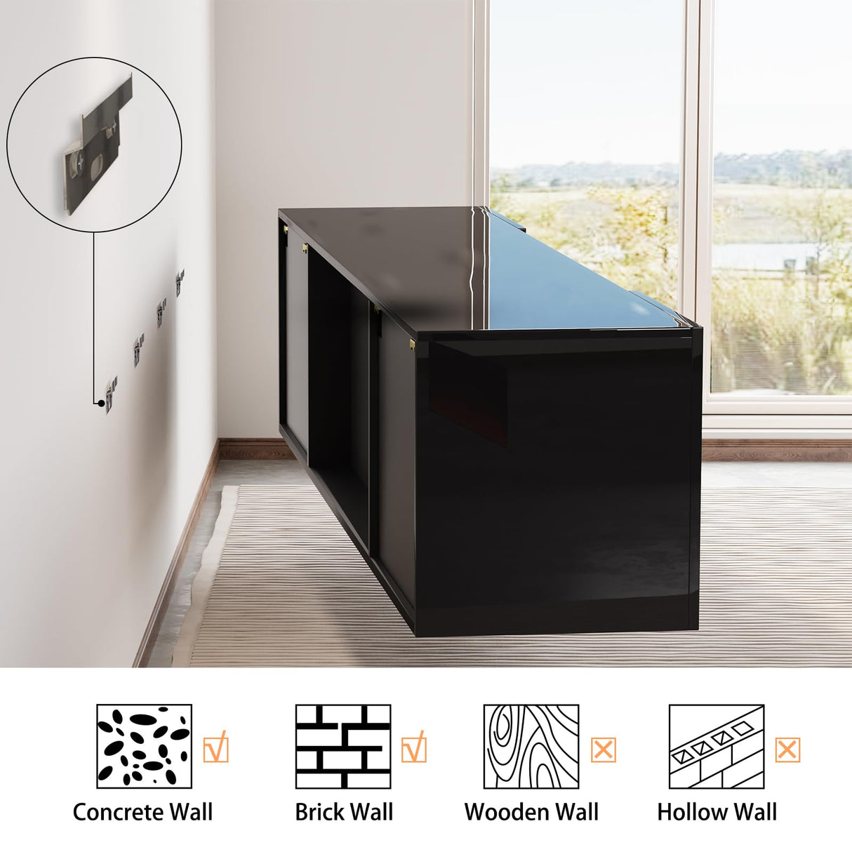 AMERLIFE Floating Fireplace TV Stand, Wall Mounted Mirrored Entertainment Center with 40" Electric Fireplace, Modern LED Lights Media Console for TVs Up to 90", Black AMERLIFE