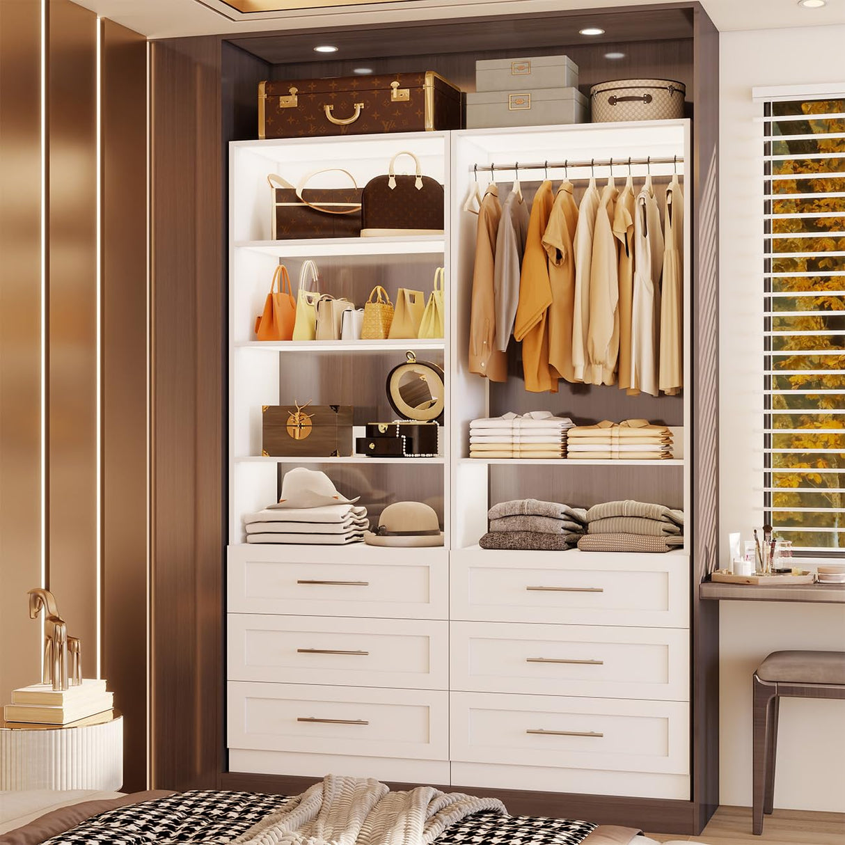 Secilix Closet System with 6 Drawers, 48" Wood Closet Organizer System, Walk-in Closet or Small Closet System with Shelves, Modular Closet Systems with 3 Expandable Hanging Rods, 2 Sets, White (4FT) secilix