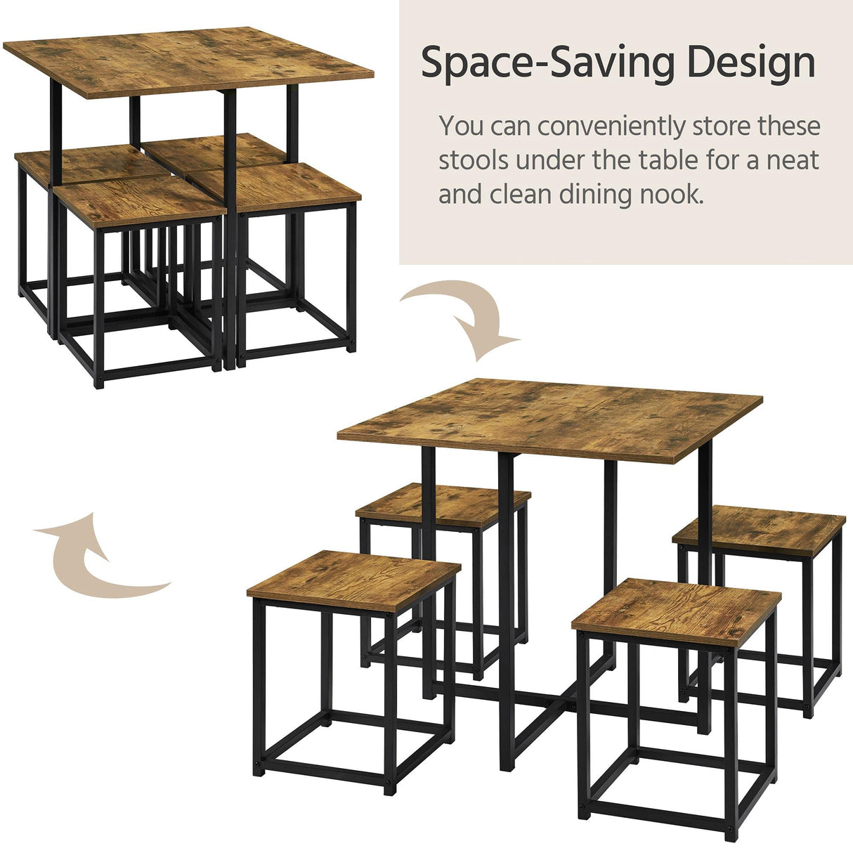 Yaheetech 5 Piece Dining Table & Chair Set - Compact Dining Table Sets Small Kitchen Table with 4 Stools for Dining Room Small Space -Rustic Brown Yaheetech