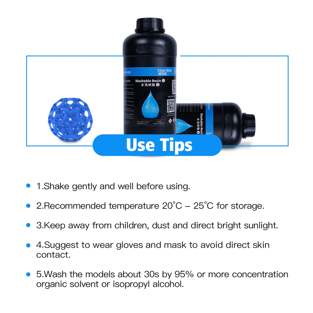 NOVA3D 3D Printer Resin Washable Clear Blue,Photopolymer 405nm Rapid Curing Resin, Water Washable Resin Low Ordor,Shock Resistance,Designed for Monochrome LCD 3D Printing Printer 500g NOVA3D