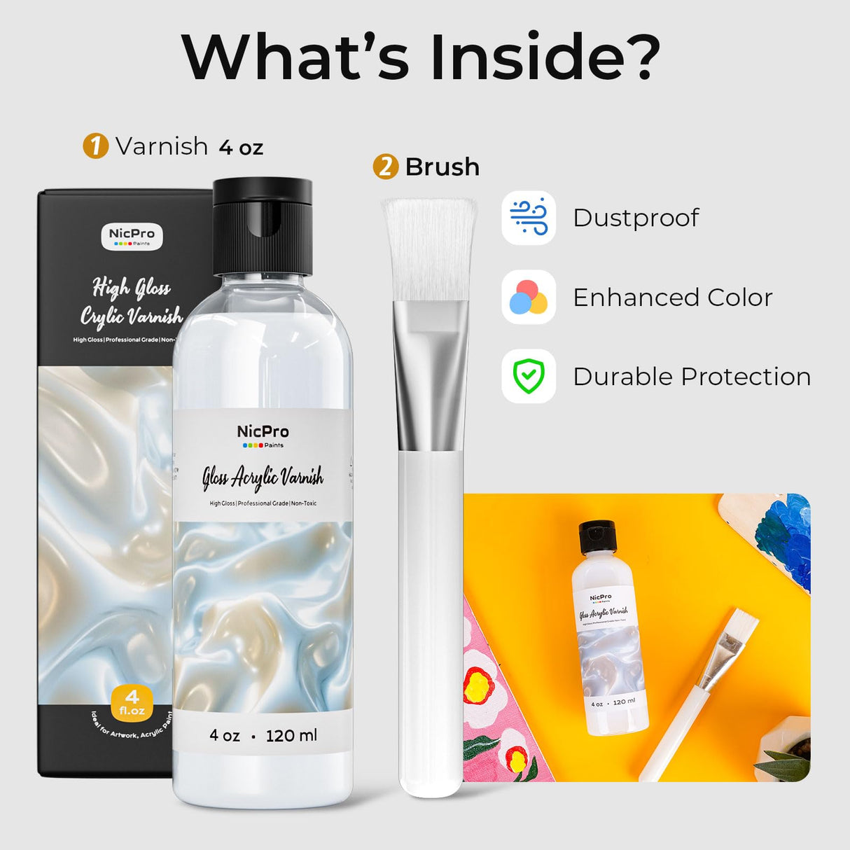 Nicpro Gloss Varnish for Acrylic Painting(4 oz, 120 ml), Non-Yellowing, Non-Toxic, Anti-Crazing, Clear Acrylic Varnish for Pro Artist & Hobby Painter on Canvas, Wood, Artwork, High Gloss Finish Nicpro