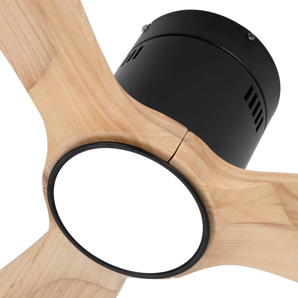 OUATER Wood Flush Mount Ceiling Fan with Light,52 inch Low Profile Modern Ceiling Fans for Outdoor/Patios/Bedroom/Office,3 color light,6 Speed,DC Motor,Wood and Modern Matte Black OUATER