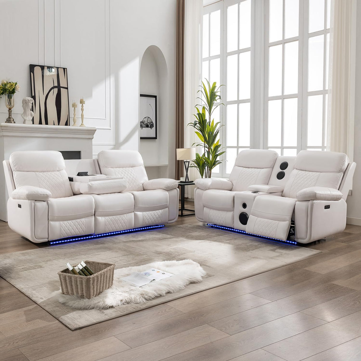 Power Recliner Sofa Set of 2 Piece with Bass Speakers for Living Room,Faux Leather Electric Zero Gravity 3 Seater Reclining Couch with Wireless Charger and Loveseat Theater Chair with LED Lights,White Comfort Stretch