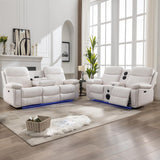 Power Recliner Sofa Set of 2 Piece with Bass Speakers for Living Room,Faux Leather Electric Zero Gravity 3 Seater Reclining Couch with Wireless Charger and Loveseat Theater Chair with LED Lights,White Comfort Stretch